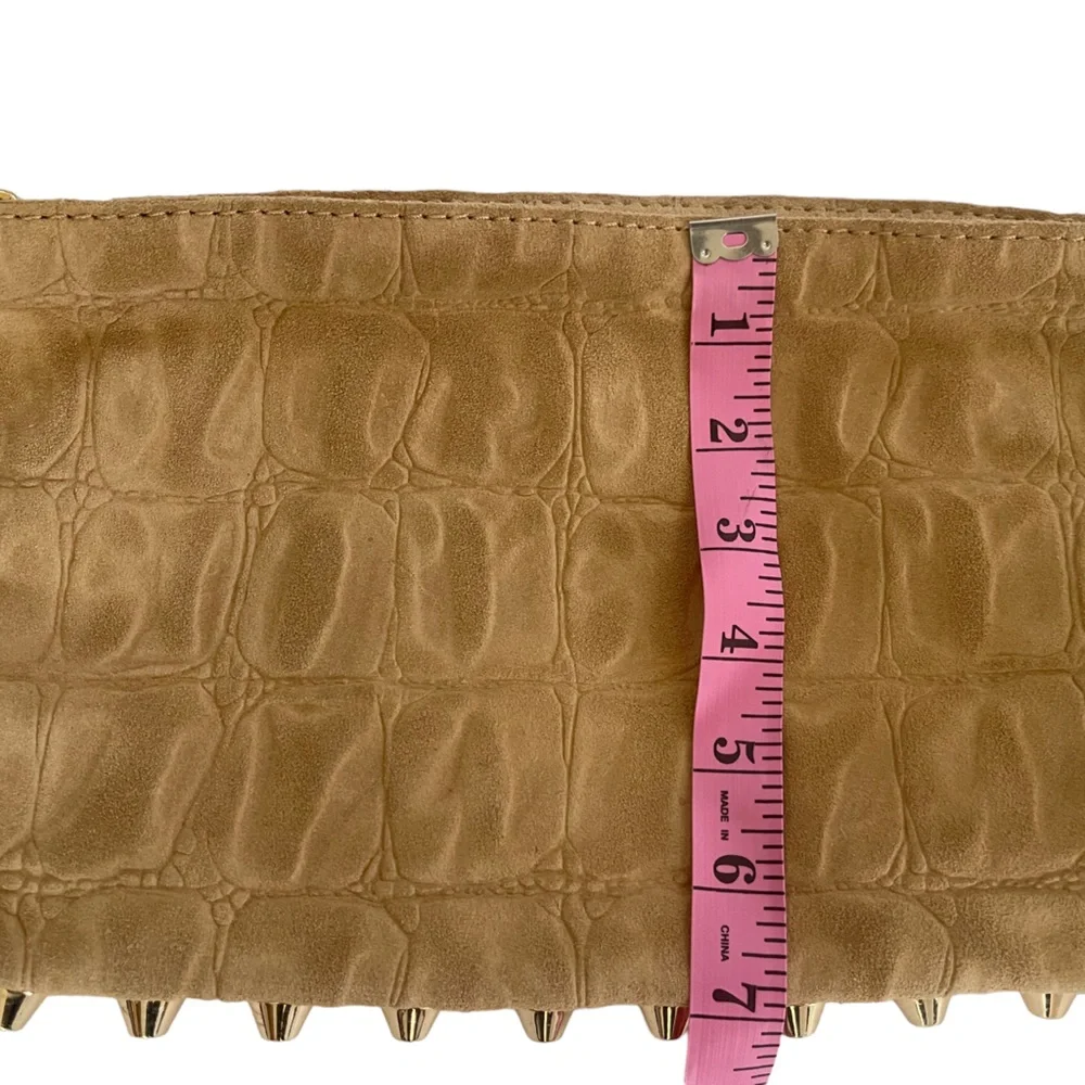 Linea Pelle Designer Clutch Tan Suede Leather Animal Print Gold Studs Lined